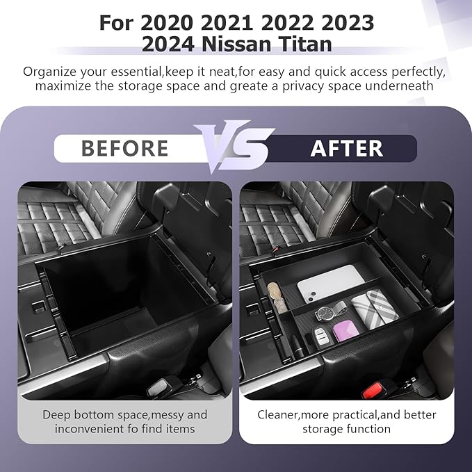 LUWU Titan 2025 Accessories Compatible with Nissan Titan 2020 2021 2022 2023 2024 2025 Center Console Organizer Armrest Console Storage Box Insert Tray ABS Material Black Coin Container Black
