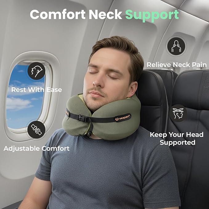 Cesperi® Travel Neck Pillow for Airplanes, Ergonomic Design, Airplane Neck Pillow with Memory Foam, Travel Essentials for Flights, Car Rides, and Home Rest, Large (Avocado Green)
