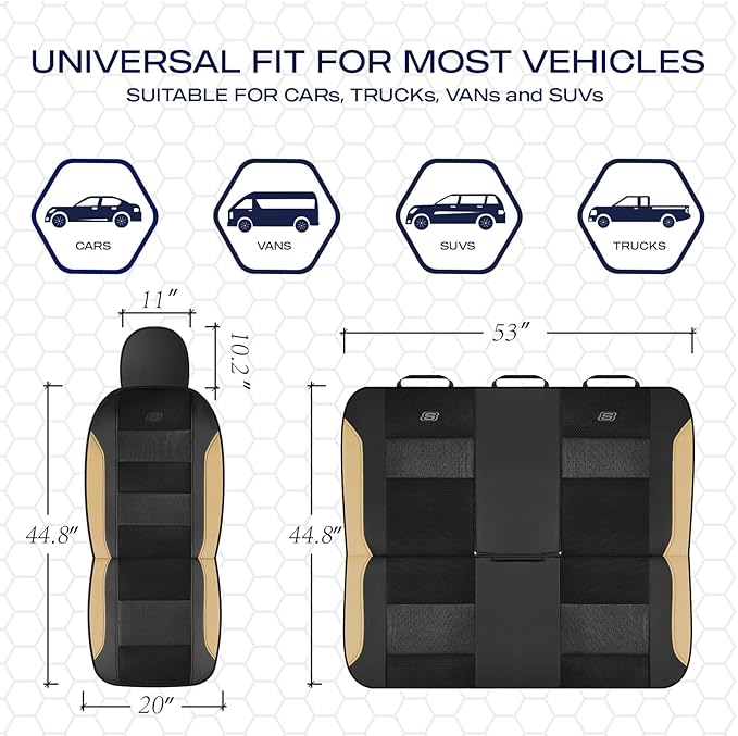 Skechers Aircooled & Memory Foam Seat Covers,Premium Leather with EVA Mesh Car Seat Covers,Seat Cover Full Sets,Airbag Compatible Automotive Comfort for Most Cars, Vans, Trucks, SUV,Beige