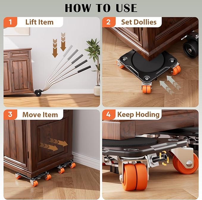 ONEON Furniture Mover Ultra Parked Edition with 10 Wheels – All-New Upgraded Double-Wheeled Low-Profile Dolly with Parking Lock for Long-Term Placement Under Heavy Item, Supports up to 2200 lbs