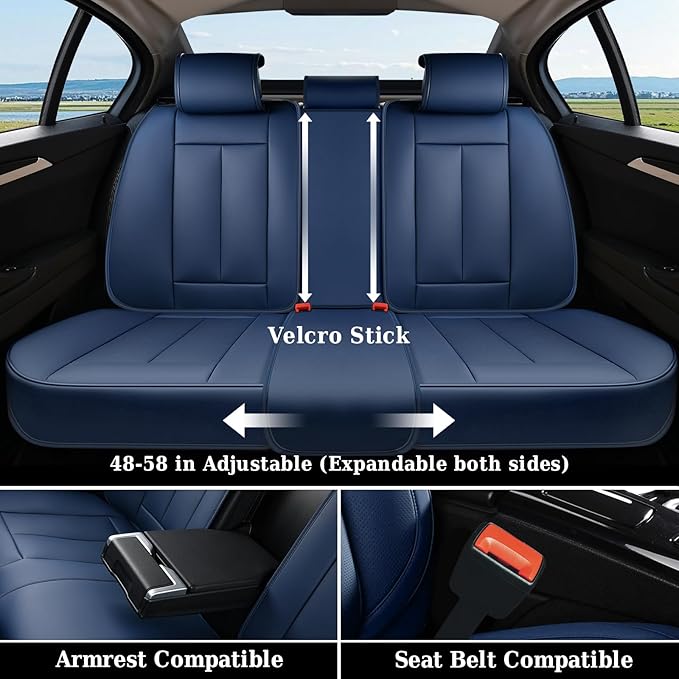 Coverado Rear Seat Covers for Cars, Back Seat Cover for Dogs, Faux Leather Car Seat Covers Backseat, Blue Car Seat Cushion, 3-Pieces Waterproof Universal Seat Covers for Cars Fit for Most Sedans SUV
