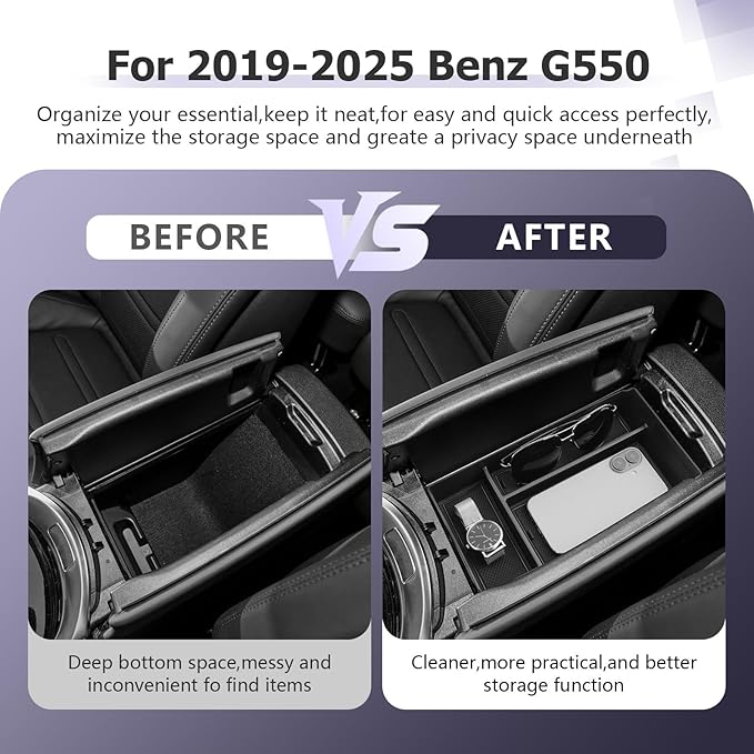 LUWU Center Console Organizer Compatible with 2019-2025 Benz G-Class G550/G580/AMG G63/G500/G350/W463/W464/G-wagen Accessories Armrest Console Storage Box Insert Tray ABS Material Coin Container Black