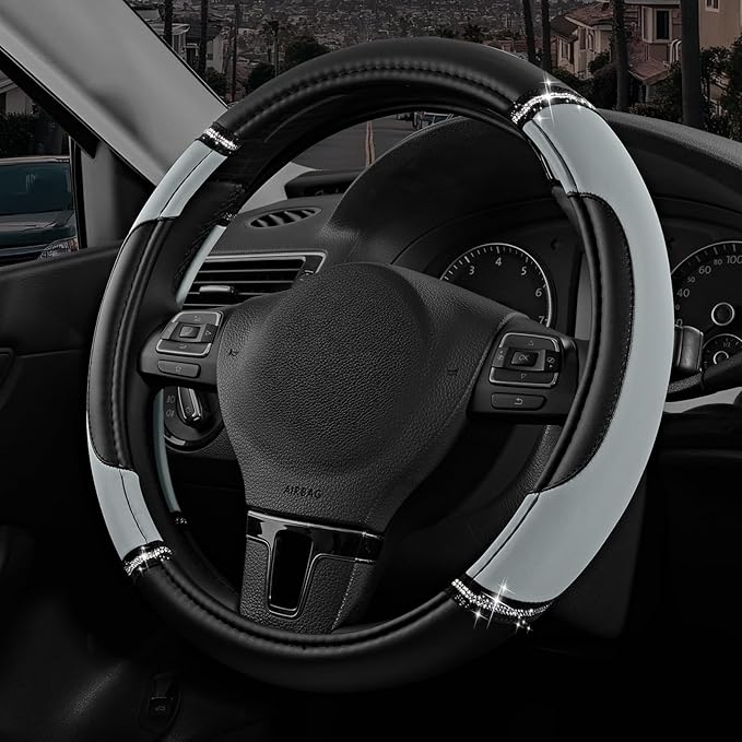 Road Comforts Leather Steering Wheel Cover - Made with PVC Leather - Anti-Slip, Universal Fit 14 1/2 inches to 15 inches - Gray