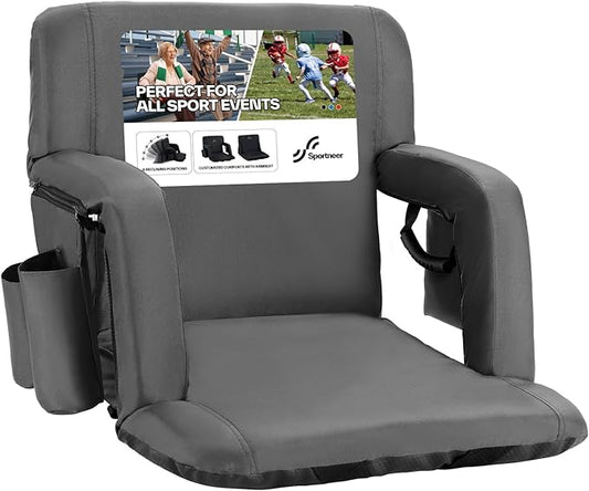 Sportneer Stadium Seats with Back Support: 2.5'' Thick Comfy Cushion 6 Adjustable Angle Bleacher Seat with Armrest - 2 Large Pockets, 2 Cup Holders Stadium Chair for Sport Events Concerts Parks