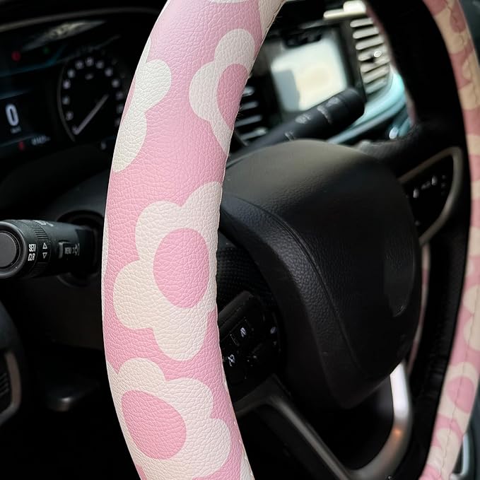 Vintage Groovy Flowers Car Leather Steering Wheel Cover - 15-inch Universal Microfiber- Soft & Breathable & Silicone Anti Slip Auto Steering Wheel Wrap for Women (Pink)