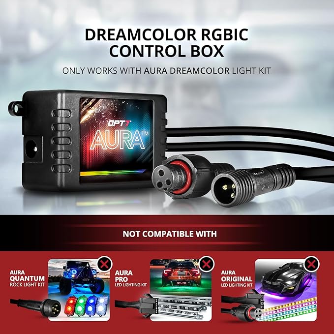 OPT7 Aura DreamColor RGB-IC LED Car Interior Light Strips, 4PC Interior Ambient Lighting Kit, Color Chasing Light Kit w/APP Control & Wireless Remote, Universal for Vehicles SUV Trucks Pickups Van