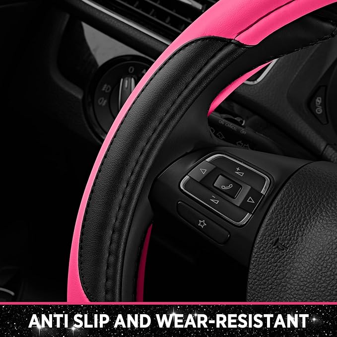 Road Comforts Leather Steering Wheel Cover - Made with PVC Leather - Anti-Slip, Universal Fit 14 1/2 inches to 15 inches - Hot Pink