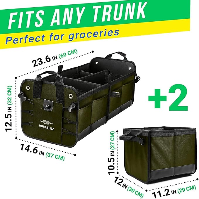 4-Section Extra Large Trunk Organizer – Heavy Duty 1680D, Collapsible & Foldable Cargo Organizer, Modular Multi-Shape Storage System for SUVs, Trucks, Vans – Green