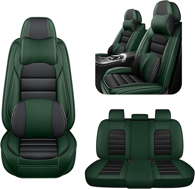 5 Car Seat Covers for Audi A4 2002-2026 Breathable Leather,Waterproof Car Seat Protectors with Comfort Headrest Pillows,Automotive Vehicle Cushion with Storage Pockets (Luxury,Green)