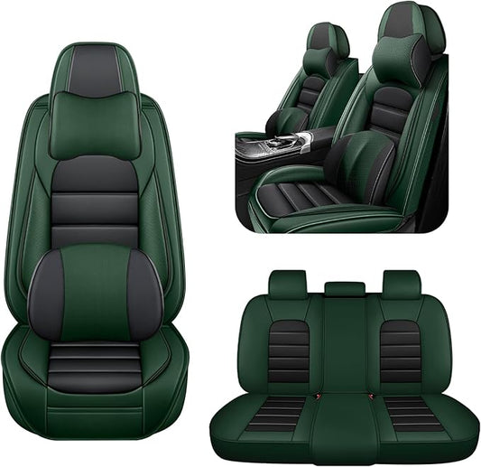 5 Car Seat Covers for Audi A4 2002-2026 Breathable Leather,Waterproof Car Seat Protectors with Comfort Headrest Pillows,Automotive Vehicle Cushion with Storage Pockets (Luxury,Green)