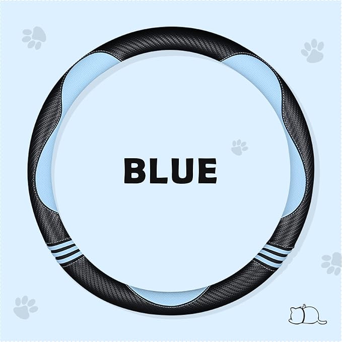 Car Steering Wheel Covers for Women Padded Carbon Fiber PU Leather Cute Auto Interior Accessories for Vehicle, Sedan, Universal, Anti Slip, Blue, Standard Size, 14.75-15.15in