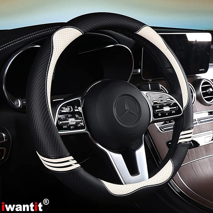 Iwantit® Cute Steering Wheel Cover for Women, Pu Leather with Anti-Slip Rubber Ring, Steering Wheel Protector for Men, Universal Fit 14.5-15 inches for Cars,SUV (Pearl White)