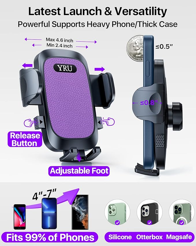 YRU [True Upgrade for Safety] Car Phone Holder Mount [Patent & Military-Grade] Dashboard Cell Phone Holder for Car Vent Windshield Phone Stand for iPhone 17 16 15 14 13 Pro Max Truck Samsung, Purple