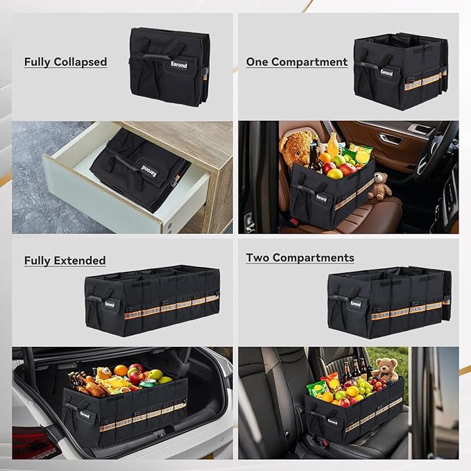 Car Trunk Organizer with Lid,Collapsible Car Storage Organizer with Multi Compartments and Securing Straps for SUV,Sedan,Jeep-Black