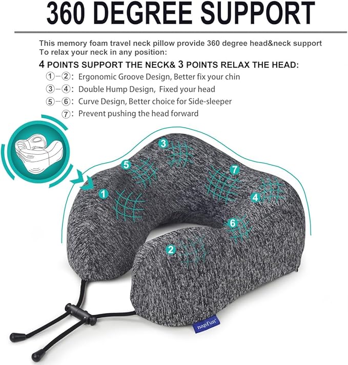 napfun Neck Pillow for Traveling, Upgraded Travel Neck Pillow for Airplane 100% Pure Memory Foam Travel Pillow for Flight Headrest Sleep, Portable Plane Accessories, Full Grey