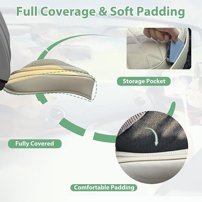 2 Pack Leather Front Car Seat Cover Bottom Only, Anti-Slip Padding Seat Cushion, Full Wrap Seat Protector with Storage Function Universal Fit for Most Cars, SUV, Pick-up Trucks (Beige)
