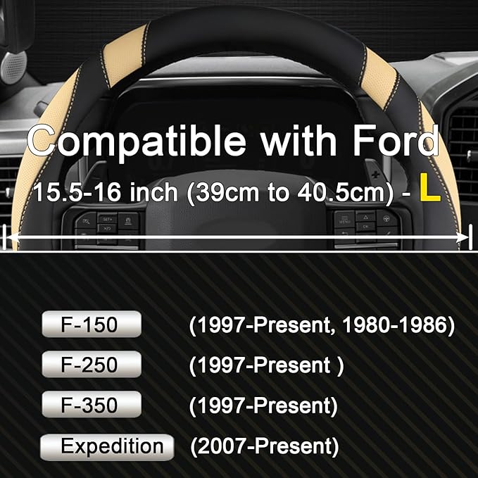 West Llama Customized Auto Car Steering Wheel Cover for Ford F-150, F-250, F-350, Expedition (Black+Beige)