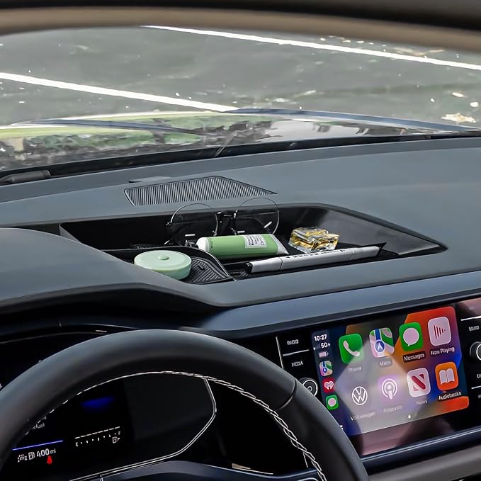 Dash Storage Tray Compatible with Volkswagen Taos 2022 2023 2024 Interior Accessories, Center Console Dashboard Mounted Organizer Sunglass Holder Non Slip Pad Behind Screen Black (Not for 2025)