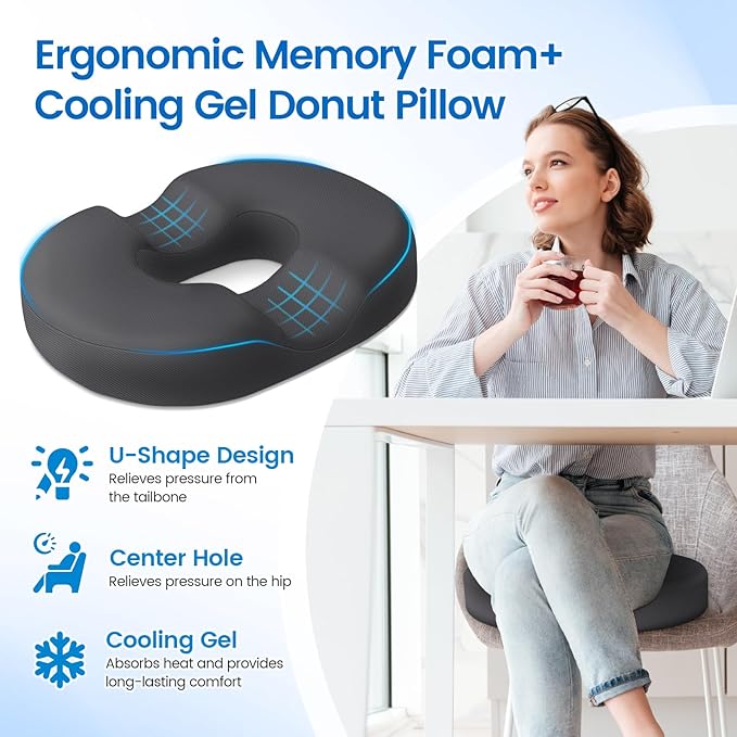 Donut Pillow Seat Cushion - Cooling Gel Floor Pillow, Memory Foam Floor Cushion for Office & Home, Car Seat, Hemorrhoids Pillow, Sciatica & Tailbone Pain Relief Chair Cushion, Grey