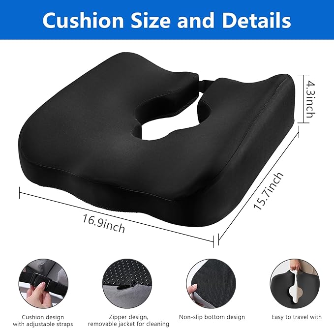 Adjustable Wheelchair Cushions for Tailbone Pain Relief Cushion, Pressure Relief Wheelchair Cushion, Donut Pillow for Hemorrhoids, Bedsores, Prostate, Tail Vertebrae，Sedentary Wheelchair (Black)