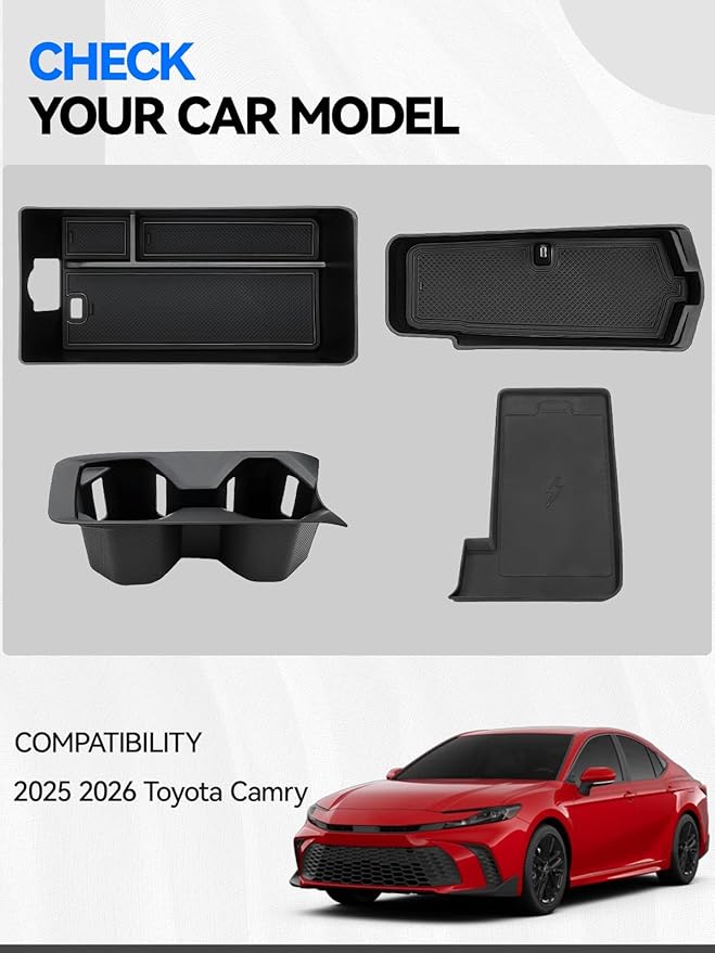 ELECFRESH 4PCS Center Console Organizer Tray for 2025 2026 Toyota Camry Accessories, Armrest Storage Box, Cup Holder, Wireless Charging Mat for Toyota Camry