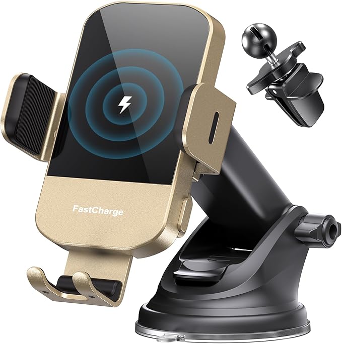 CHGeek Wireless Car Charger, 15W Fast Charging Auto Clamping Car Charger Phone Mount Phone Holder fit for iPhone 15 14 13 12 11 Pro Max Xs, Samsung Galaxy S25 Ultra S24 S23 S22, S21, S20, Golden