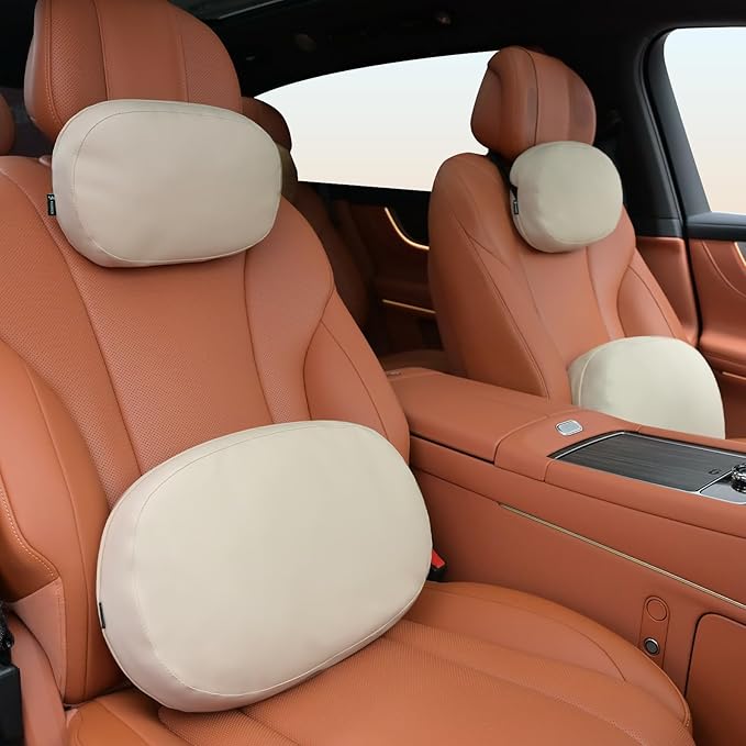 FLORICH Double-sided Car Headrest & Lumbar Support Cushion Skin-friendly Suede & Leather Car Seat Pillow and Back Support Soft Neck & Tailbone Cushion for Car Office Chair Neck Back Pain Relief, Beige