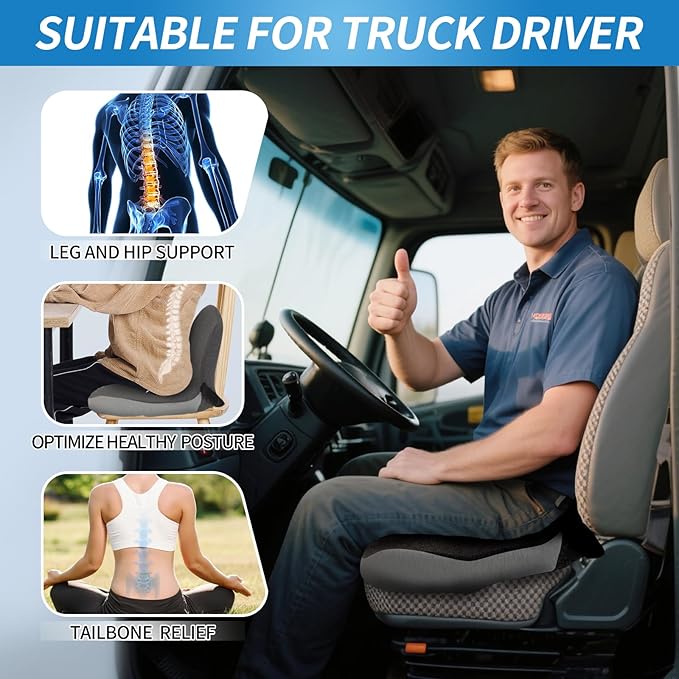 Premium Car Cushions for Driving – Versatile Seat Cushion for Truck Driver& Office Chair, Memory Foam Driver Seat Cushion with Back Support & Non-Slip Base，with Adjustable Strap