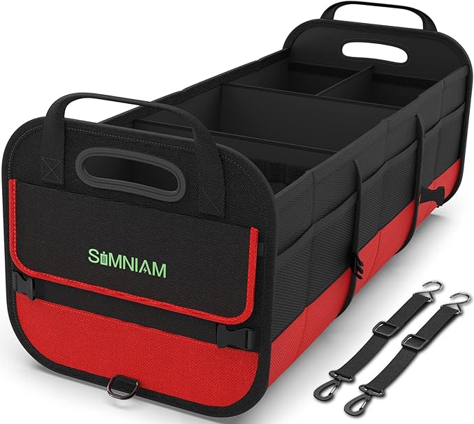 Simniam Large Trunk Organizer for Car, Foldable Multi Compartment Car Trunk Organizer with 2 Retractable Straps, Suitable for All Kinds of Cars, SUV, Minivan - 4 Compartments Red