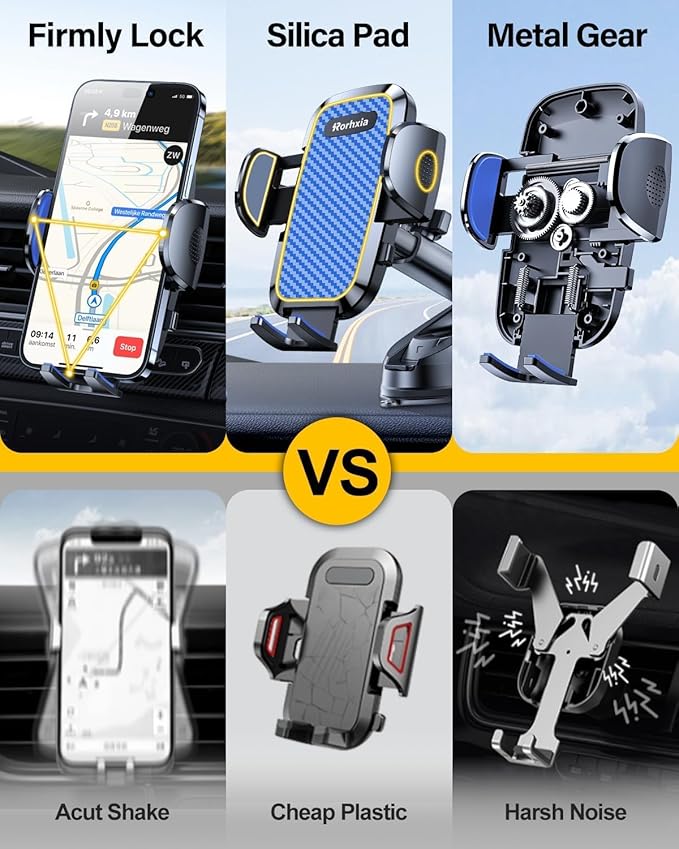 Blue 3-in-1 Phone Mount for Car [2025 Most Stable and Flexible Suction Cup] Vent Dashboard Windshield Cell Phone Holder Car Fit for iPhone, Samsung, All Phone