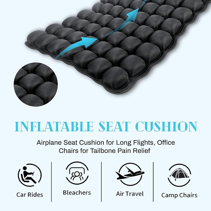 Airplane Seat Cushion for Long Flights, Inflatable & Portable Travel Cushion for Tailbone Pain Relief, Pressure Relief Car Seat Cushion for Office Chair and Wheelchair Use