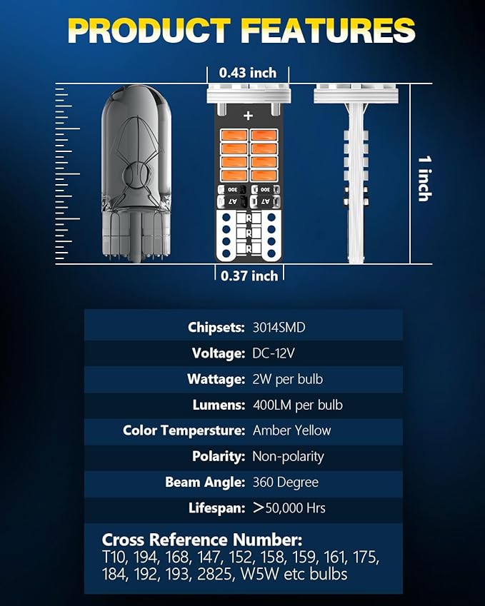 10Pcs 194 T10 168 W5W 2825 LED Bulb, Super Bright LED Car Interior Dome Map Camper RV License Plate Light Bulbs, Upgraded 25-SMD 3014 Chipsets 12V 400LM Amber Yellow