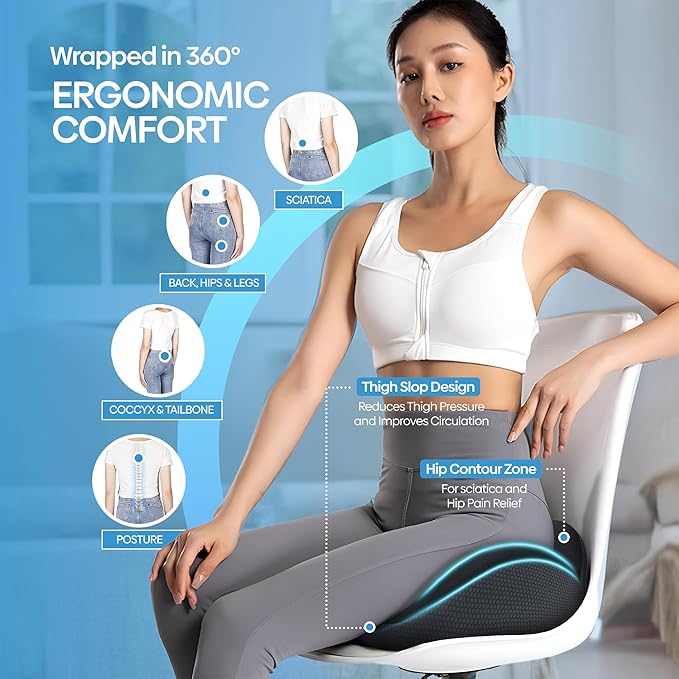 Gel Seat Cushion for Office Chair, Car, or Wheelchair — Orthopedic Memory Foam Pad with Cooling Gel for Tailbone, Sciatica, and Back Pain Relief