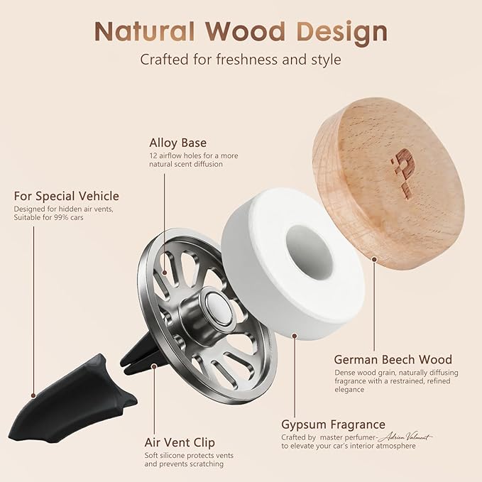 Wooden Car Air Freshener for Vent, Refillable Essential Oil Diffuser Clip with Long-Lasting Natural Scent, Solid European Beech wood & Metal Luxury Auto Deodorizer