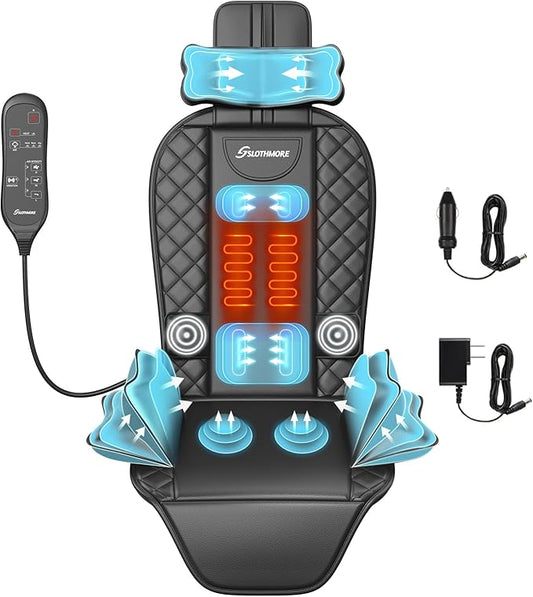 Back Massager with Heat & Traction & Vibration, Seat Massager Pad for Pain Relief Deep Tissue, Lumbar Traction, PU Leather, Foldable, for 5’ to 6’1”, Massage Chair Pad for Office Home