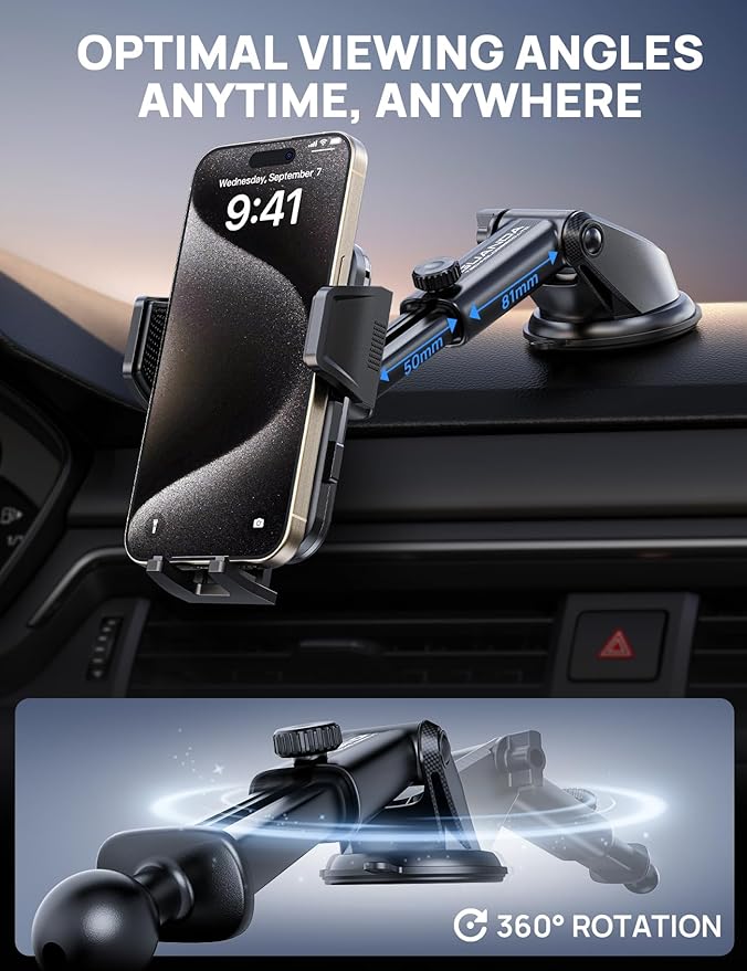 [2025 New] Dashboard Phone Holders for Your Car (+Vent Hook)[Military Grade Stable] Car Cell Phone Holder, Non-Slip Silicone Carbon Fiber Car Phone Mount, Rotatable Suction Cup for All Phone, Blue