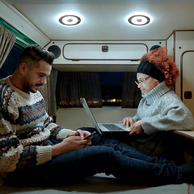 12V Ceiling Dome Light, 4.75 Inch 400LM Dimmable Interior Light for RV Boat Camper Van Travel Trailer Truck Fifth Wheel Interior Lighting, Blue NightLight & Touch Switch(Cool White)