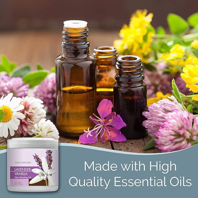 SMELLS BEGONE 15oz Gel Odor Eliminator - Absorb & Remove Tough Odors in Pet Areas, Bathrooms, Basements, Garage, Cars, RVs & Boats - Eliminate Odors Quickly (6-Pack, Lavender Vanilla)