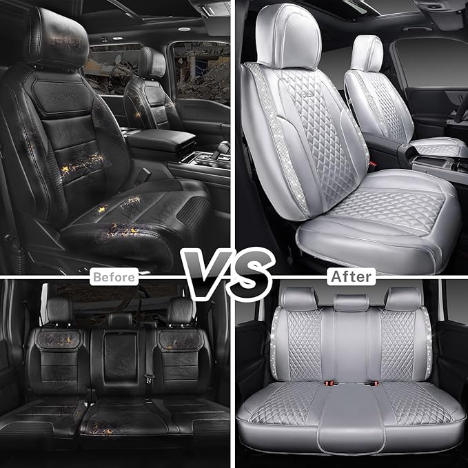 CAR PASS Nappa Leather Car Seat Covers for Full Set Bling Silver Diamond Universal Luxury Cushion, Waterproof Anti-Slip Seat Protector Fit for Women SUV Sedan Sparkly Glitter Crystal White Rhinestone