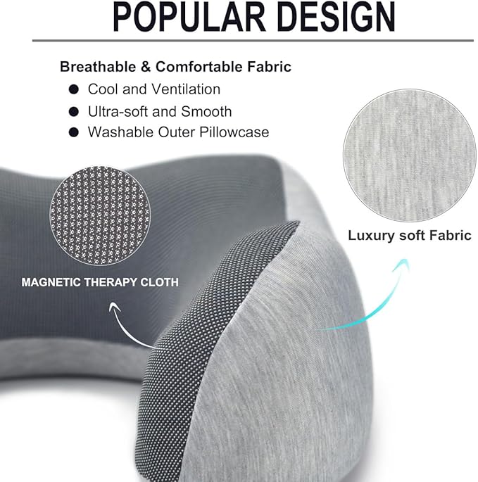 napfun Neck Pillow for Traveling, Upgraded Travel Neck Pillow for Airplane 100% Pure Memory Foam Travel Pillow for Flight Headrest Sleep, Portable Plane Accessories, Light Grey Set