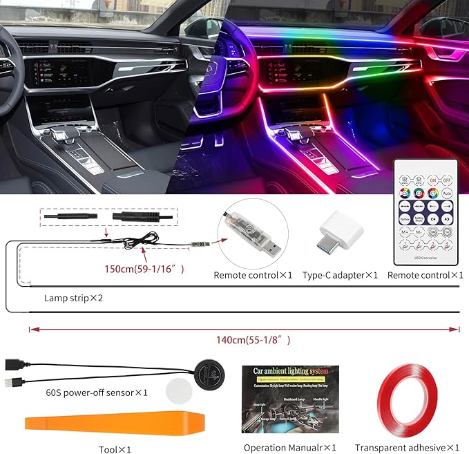 Interior Car LED Strip Lights, Acrylic LEDs Lights for Car with Dynamic Dreamcolor Chasing, Ambient Lighting Kits Music Sync Wireless APP and RF Remote Control (55.12inch*2)