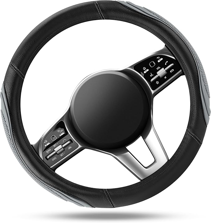 Road Comforts Car Steering Wheel Cover - Microfiber Leather Steering Wheel Wrap Sports 14.5-15 Inch Steering Wheel Cover Non-Slip for Men Women Grey Color