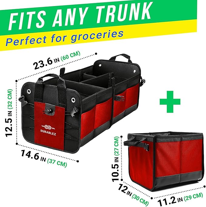 XL Trunk Organizer 3-Section Modular – Extra Large Car Storage for Groceries & Travel Gear, Multi-Compartment Foldable Cargo Bin – Red