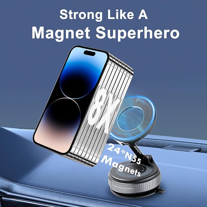 Vacuum Magnetic Car Phone Holder, 360° Adjustable Magsafe Car Mount with Strong Suction Cup for iPhone Android All Smartphones，Foldable Magnetic Phone Holder for Car/Gym/Mirror/Smooth Surface