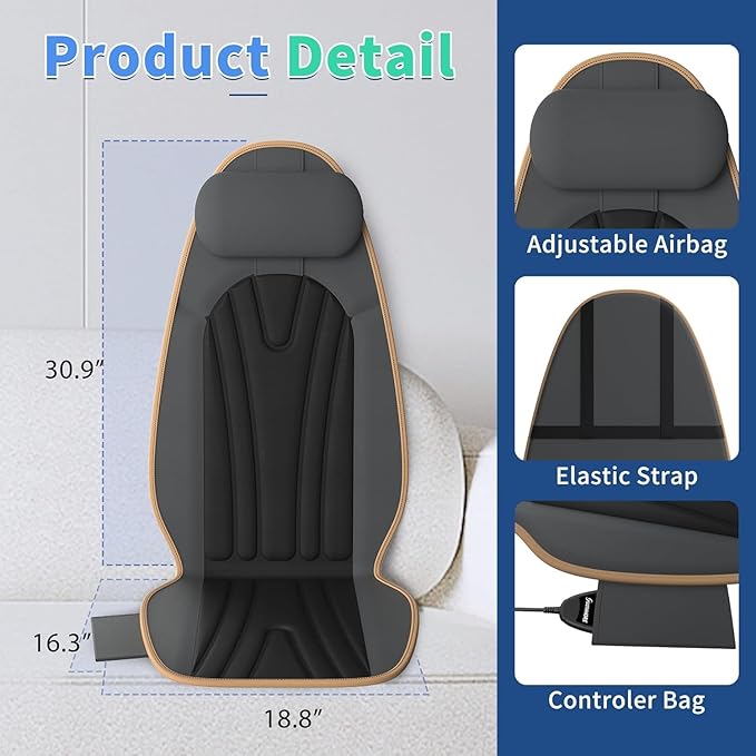 Sotion Massage Seat Cushion with Heat for Neck and Back, 3 Heating Areas & 5 Massage Modes, Electric Back Massager for Office Chair and Home Seat
