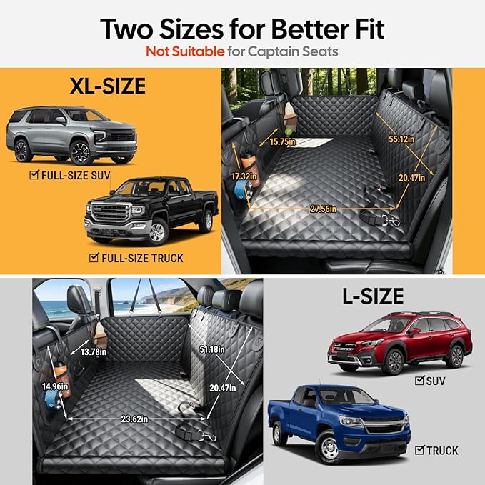 Wigoo Dog Truck Seat Cover for Back Seat, 450lb Support Hard Bottom Hammock for 1–4 Large Dogs, Waterproof & Anti-Scratch Backseat Protector, Car Bed Extender for Truck & SUV, Size-XL, Black+Orange