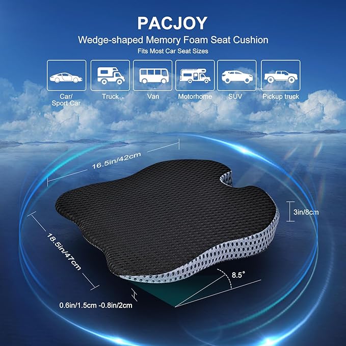 Premium Car Seat Cushion for Enhanced Comfort - 100% Polyurethane Wedge-Shaped Memory Foam Design, Improves Driving Visibility & Relieves Sciatica and Coccyx Pain.