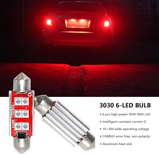 PHINLION 578 LED Light Bulbs, Super Bright 3030 6-SMD Festoon 41mm 42mm 211-2 212-2 LED Bulbs for Car Interior Map Dome Trunk Courtesy Lights, Red (4 Pack)