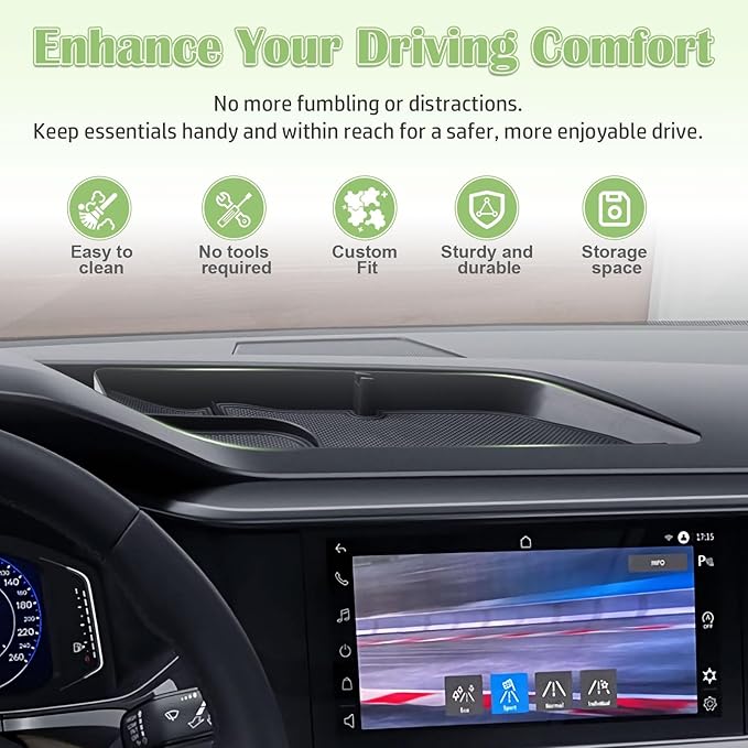 Dash Storage Tray Compatible with Volkswagen Taos 2022 2023 2024 Interior Accessories, Center Console Dashboard Mounted Organizer Sunglass Holder Non Slip Pad Behind Screen Black (Not for 2025)