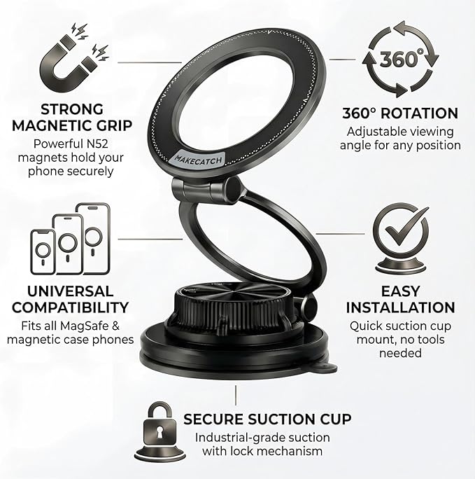 Magnetic Car Phone Mount, 0.83" Ultra-Slim Foldable Holder, [Vacuum Suction & Adhesive Pad] for Textured Dashboard/Windshield/Screen, 3-Joint Metal MagSafe Mount for iPhone 17 Pro Max -Black